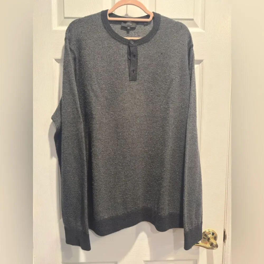 Vince Mens Sweater XXL Gray Heather Wool Cashmere Blend Henley Collar